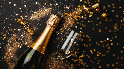 Fototapeta premium Champagne bottle and glass with festive ribbons