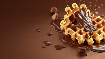 Fototapeta premium realistic crispy waffle with splash of melted chocolate isolated on brown background. Wafer with cacao cream filling, sweet crunchy dessert. for ads