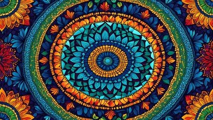A colorful mosaic design with a blue center and orange and green surrounding it
