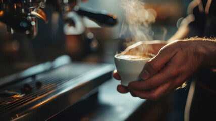 Naklejka premium Close-up of hands holding a steaming espresso cup focused on the cup with a blurred background of a rustic cafe