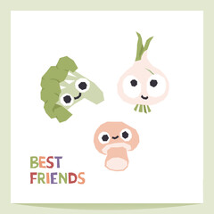Cute bright vegetables print. Onion, broccoli and champignon mushroom characters with best friends forever lettering. Cartoon illustration in simple hand drawn style. Good for baby fabrics, textile, p