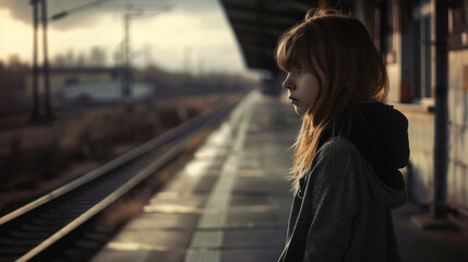 Obraz premium A contemplative young girl stands alone on a quiet train platform, looking into the distance, evoking a sense of solitude and introspection.