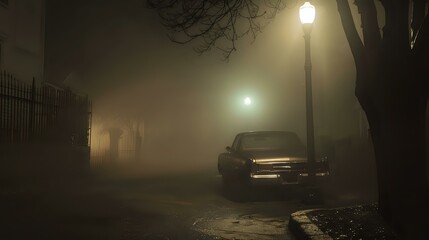 a foggy nighttime street scene. The street is empty, with a single parked car visible. The parked...