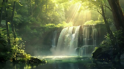 the tranquility of a waterfall in a lush, green forest. The sunlight filters through the trees and casts a warm glow on the waterfall, creating a serene and inviting atmosphere