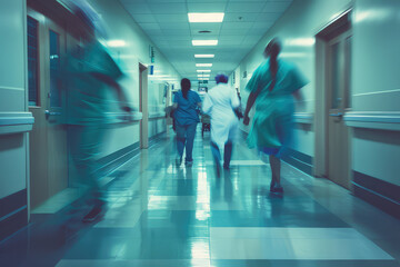 Obraz premium Doctors and medical staff walk down in hospital, Busy corridor in medical clinic with motion blur effect