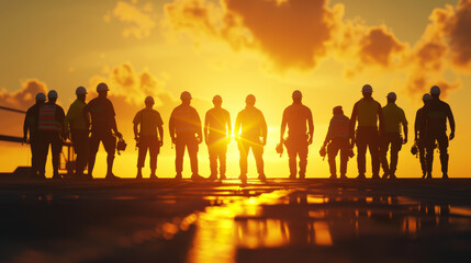 Fototapeta premium A group of workers stand united on an industrial site, illuminated by the golden hues of a setting sun, symbolizing teamwork and perseverance.