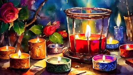 Fototapeta premium candle, glass, drink, bottle, alcohol, decoration, cup, holiday, celebration, light, table, gold, celebrate, fire, season, candles