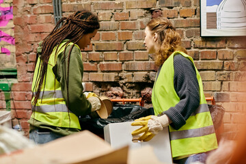 Young volunteers in gloves and safety vests work together to sort trash, showing their eco-friendly efforts. - Powered by Adobe