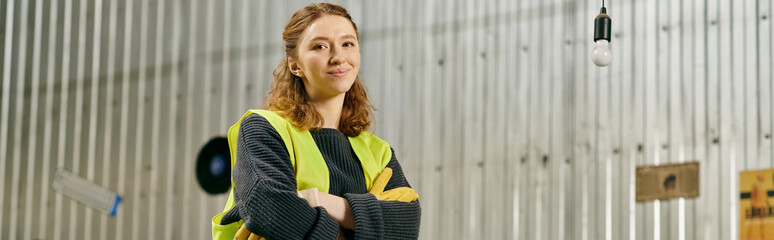 A young volunteer in a safety vest and gloves sorts waste in a warehouse, displaying eco-conscious...