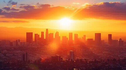 Fototapeta premium golden hour glow sun descends on vibrant cityscape painting skies in warm hues of enchantment