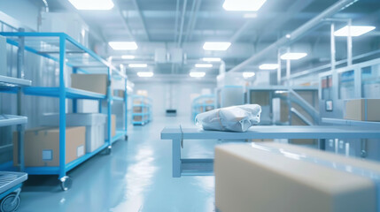An industrial storage room is pristine and organized, filled with shelves of boxed items, representing efficiency and modern warehousing.