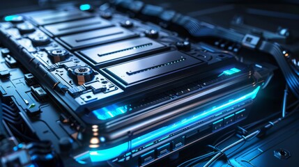 featuring a close-up of a lithium-ion battery pack, with sleek design and futuristic lighting, emphasizing the role of lithium in powering electric vehicles 