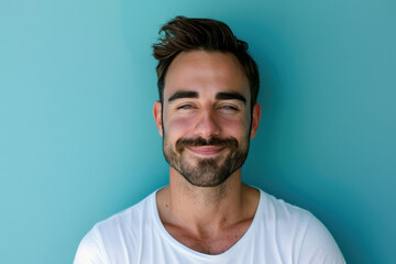 A close up portrait of a young man with a subtle smile