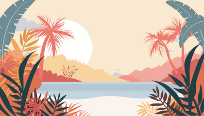 Beach landscape vector illustration in trendy flat and linear style - background with copy space for text - plants, leaves, palm trees and sky - background for banner, tropical beach vector.