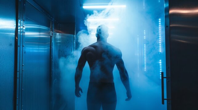 A man stands in a cryotherapy chamber, illuminated by blue lights, with smoke swirling around him.