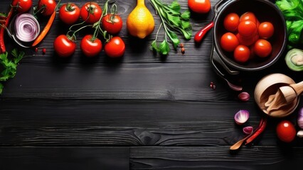 Naklejka premium The background of cooking On a black wooden background