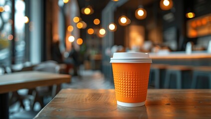 Orange paper coffee cup on table with blurred restaurant background.