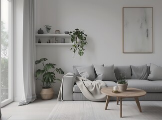 Scandinavian style living room interior with a grey sofa