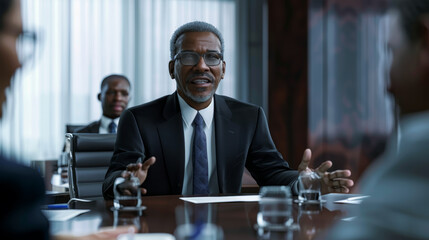 A confident businessman leads a discussion in a modern boardroom, engaging with peers attentively around the table.
