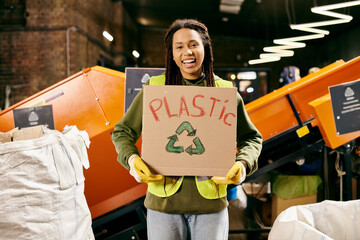 Young volunteer in safety gear sorting waste, holding a sign that says plastic.