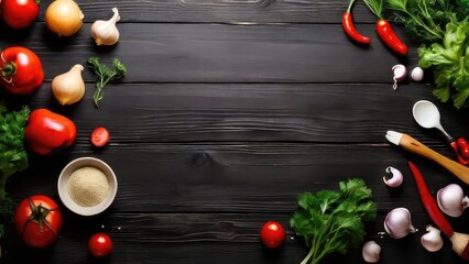 Naklejka premium The background of cooking On a black wooden background