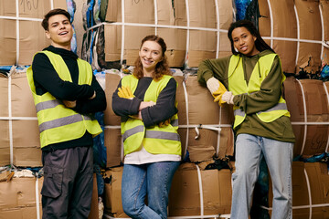 Young volunteers in gloves and safety vests stand next to a pile of boxes, sorting waste for a...