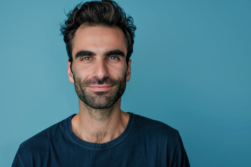 A close up portrait of a young man with a subtle smile