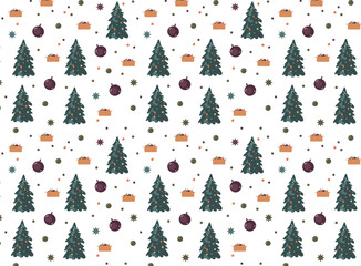 Seamless pattern christmas tree with gifts. Vector hand drawn flat cartoon illustration