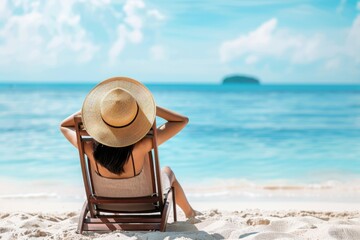 Woman relaxing on deck chair at beach, copy space for text Generative AI