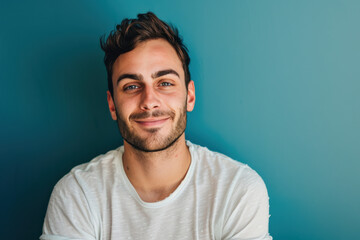 A close up portrait of a young man with a subtle smile