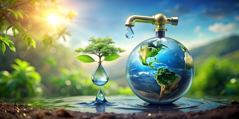 Saving water and world environmental protection concept. Eearth, globe, ecology, nature, planet...