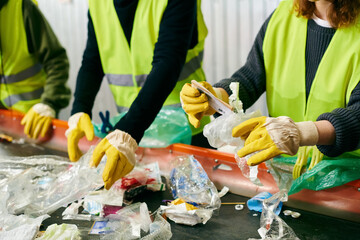 Young volunteers in yellow vests and gloves come together to sort through trash, showcasing their...