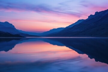 Fototapeta premium sunset in the mountains at a calm lake that creates a perfect reflection