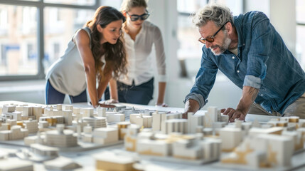 Three architects deeply engaged in reviewing a detailed architectural model in a bright, modern office space.