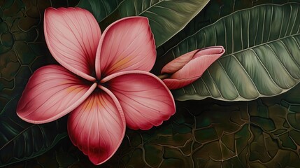 Frangipani flower in shades of pink and red resting on a leafy green background