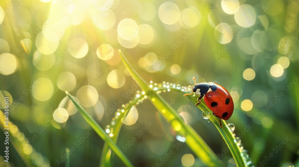 Poster a ladybug crawling on a blade of grass with dew drops, capturing the freshness of a morning scene.
