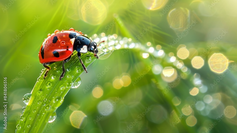 Poster a ladybug crawling on a blade of grass with dew drops, capturing the freshness of a morning scene.