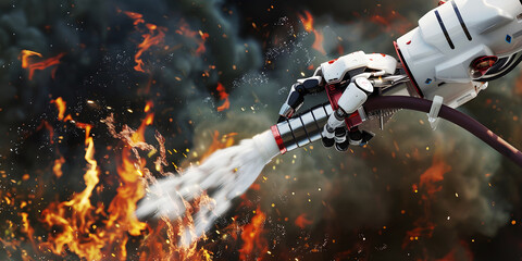 A robotic arm efficiently operates a fire hose, dousing flames in a demonstration of advanced firefighting technology.