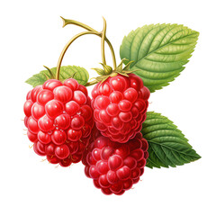 Close-up illustration of fresh, ripe raspberries with vibrant red color and green leaves. Perfect for fruit and nature-themed projects.