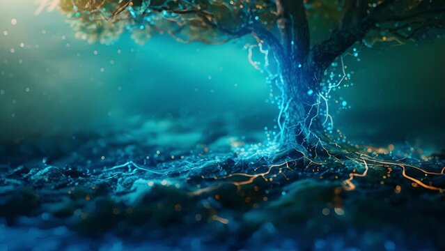 An illustration of a tree with roots spreading out and intertwining representing the complex network of connections and data flow within a system.