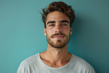 A close up portrait of a young man with a subtle smile