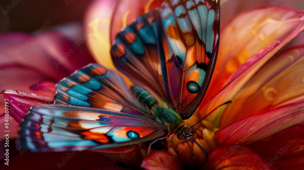 Poster A macro image of a colorful butterfly resting on a flower petal, showcasing its intricate wing patterns.