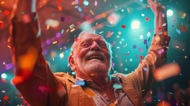 joyous senior celebration elderly man having fun at disco party with confetti and bright lights people