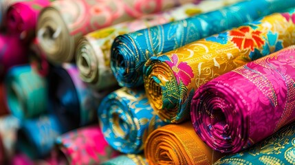 kaleidoscope of indian textiles vivid silk fabric rolls intertwine with vibrant sewing threads abstract photography