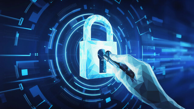 Abstract locksmith hands-picking digital lock mechanism. Security, Technology concepts. Low poly light blue digital hand unlocking padlock icon on blue background