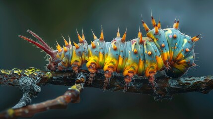 Obraz premium A macro shot of a caterpillar crawling along a twig, displaying its colorful and textured body.