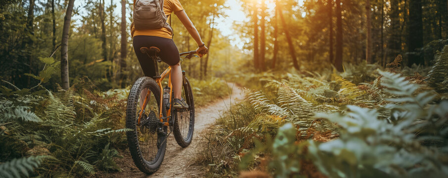 Woman cycling on a serene forest path - Powered by Adobe