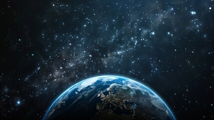 Obraz premium Stunning Image of Earth in Outer Space, Showing Planet's Vibrant Blue Oceans and Continent Details, Surrounded by the Vast Universe and Distant Stars