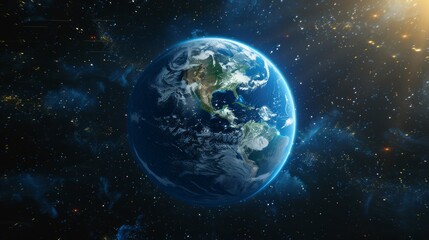 Fototapeta premium Stunning Image of Earth in Outer Space, Showing Planet's Vibrant Blue Oceans and Continent Details, Surrounded by the Vast Universe and Distant Stars