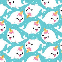 CUTE WHITE NARWHAL WITH ICE CREAM HORN PATTERN